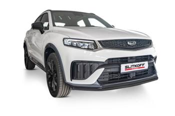 Защита переднего бампера d42+d42 двойная Slitkoff Geely Tugella  FY11,HPBA4 (2022-2025) рестайлинг (Сталь с полимерным покрытием в цвет черный)