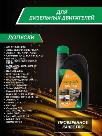 3 199 р. Моторное масло 5W-30 Diesel (CI-4SL) QC OIL Long Life синтетическое плакирующее, канистра 1л QC OIL qcllg5w30s1  с доставкой в г. Майкоп. Увеличить фотографию 2