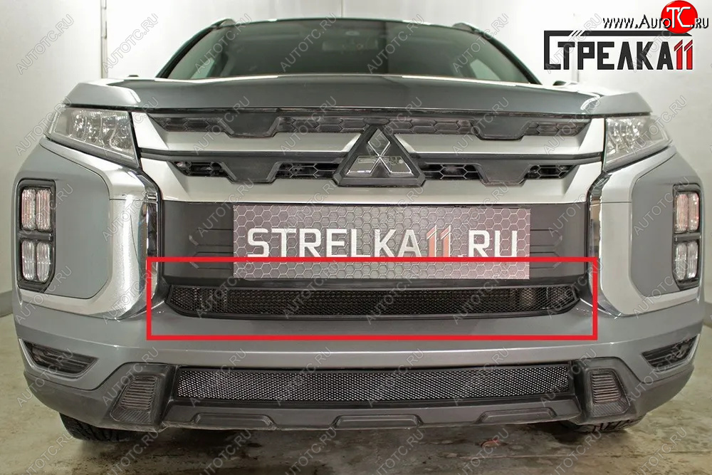 2 469 р. Защитная сетка в бампер (центр, ячейка 3х7 мм) Alfeco Стандарт Mitsubishi ASX 3-ий рестайлинг (2019-2025) (Чёрная)  с доставкой в г. Майкоп