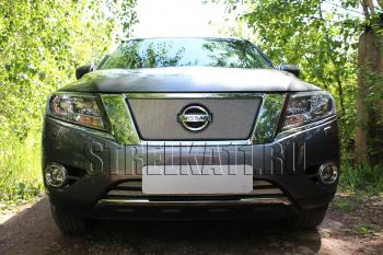 4 099 р. Защита радиатора (верх) Стрелка11 Стандарт Nissan Pathfinder R52 дорестайлинг (2012-2017) (хром)  с доставкой в г. Майкоп. Увеличить фотографию 2