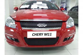 759 р. Зимняя заглушка решетки радиатор (низ с парктроником) Стрелка11 Chery M11 A3 седан (2010-2016) (черная)  с доставкой в г. Майкоп. Увеличить фотографию 3