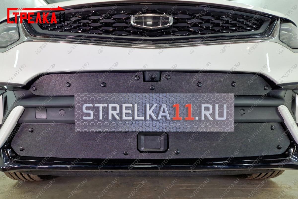 759 р. Зимняя заглушка решетки радиатора (верх с камерой) Стрелка11 Geely Tugella FY11,HPBA4 дорестайлинг (2019-2023) (черная)  с доставкой в г. Майкоп
