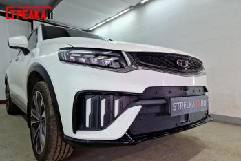 759 р. Зимняя заглушка решетки радиатора (верх с камерой) Стрелка11 Geely Tugella FY11,HPBA4 дорестайлинг (2019-2023) (черная)  с доставкой в г. Майкоп. Увеличить фотографию 3