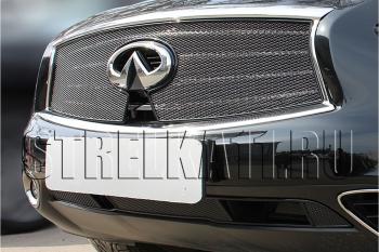 Защита радиатора (верх с вырезом под камеру) Стрелка11 Премиум INFINITI FX37 S51 рестайлинг (2011-2013) (черная)