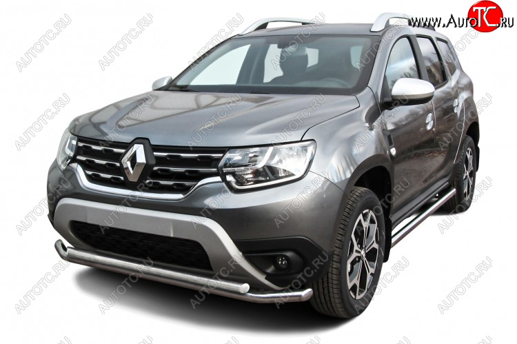 12 599 р. Защита переднего бампера Slitkoff (Ø57 и 42 мм).  Renault Duster  HM (2021-2024) рестайлинг (Полированная нержавейка)  с доставкой в г. Майкоп