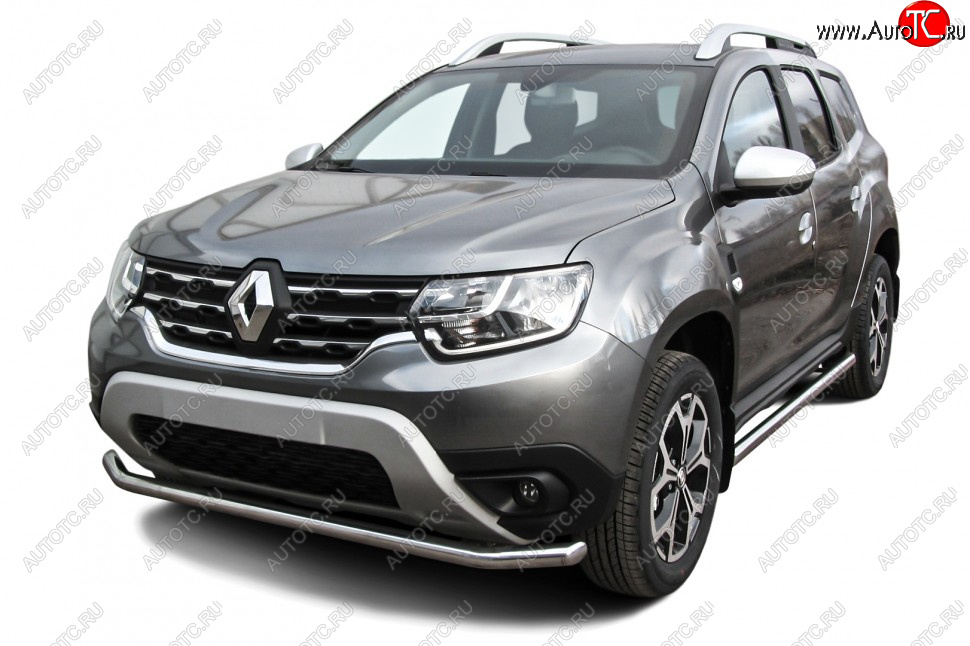10 699 р. Защита переднего бампера Slitkoff (Ø57 мм).  Renault Duster  HM (2021-2024) рестайлинг (Полированная нержавейка)  с доставкой в г. Майкоп