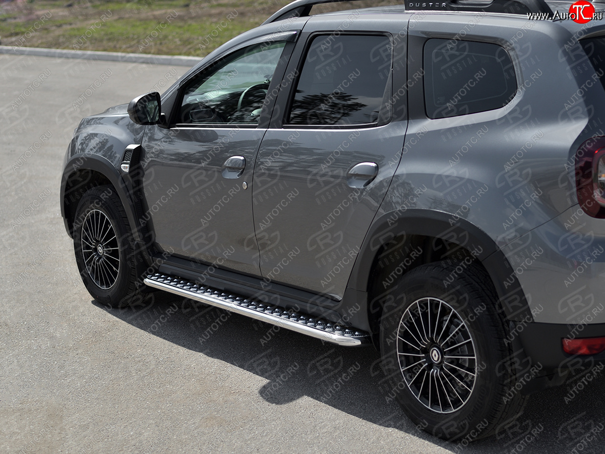 13 099 р. Порожки для ног Russtal (Ø42 мм) Renault Duster HM рестайлинг (2021-2024) (лист - алюминий, профиль - нержавейка)  с доставкой в г. Майкоп
