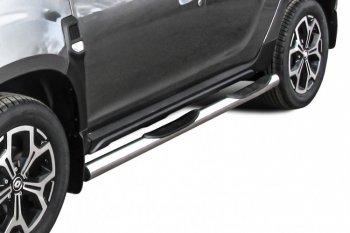 Защита порогов Slitkoff (Ø76 мм, с проступями) Renault Duster  HM (2021-2024) рестайлинг (Полированная нержавейка)