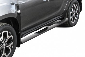 Защита порогов Slitkoff (Ø76 мм, с проступями) Renault Duster  HM (2021-2024) рестайлинг (Сталь окрашенная, цвет серебристый)