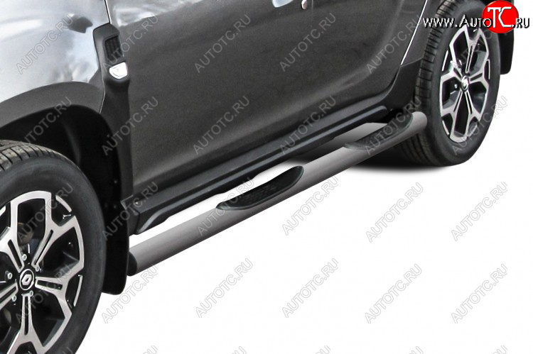 12 399 р. Защита порогов Slitkoff (Ø76 мм, с проступями)  Renault Duster  HM (2021-2024) рестайлинг (Сталь окрашенная, цвет серебристый)  с доставкой в г. Майкоп