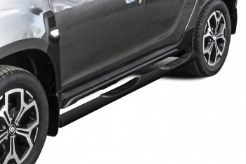 Защита порогов Slitkoff (Ø76 мм, с проступями) Renault Duster  HM (2021-2024) рестайлинг (СТаль окрашенная, цвет черный)