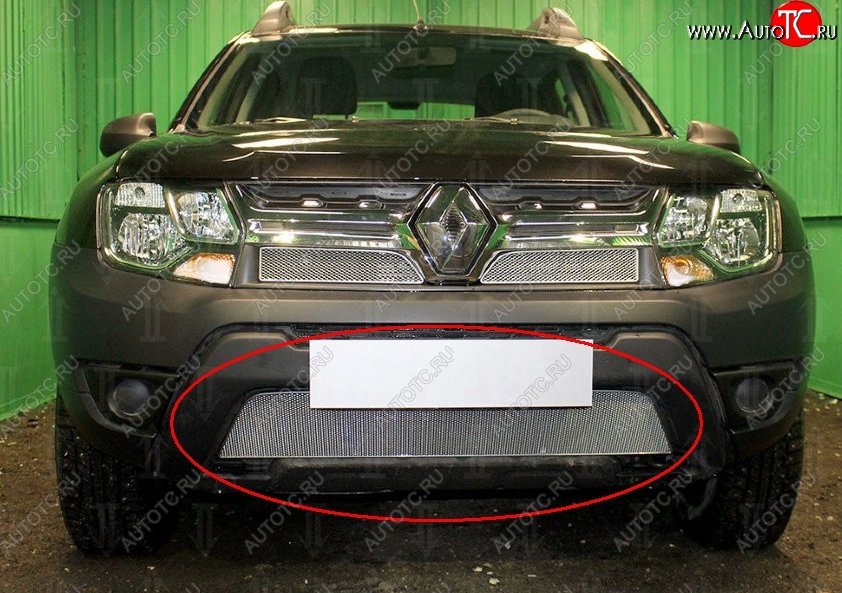 1 539 р. Нижняя защитная сетка на бампер Russtal (хром) Renault Duster HS рестайлинг (2015-2021)  с доставкой в г. Майкоп