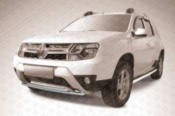 Защита переднего бампера Slitkoff (Ø 42+Ø 42, двойная). Renault Duster  HS (2015-2021) рестайлинг (Сталь с полимерным покрытием. Цвет: серебристый)