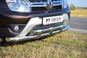 Защита переднего бампера двойная с пластинами из труб d63/63 мм Petroil Tuning Renault Duster HS дорестайлинг (2010-2015) (Нержавеющая полированная сталь)