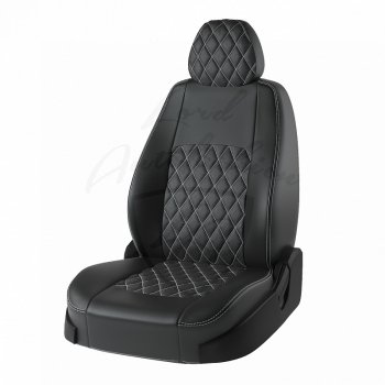 Чехлы для сидений Stepway Lord Autofashion Турин Ромб (экокожа) Renault Sandero Stepway  (B8) (2018-2022) рестайлинг (Чёрный, вставка чёрная, строчка белая)