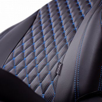 17 449 р. Чехлы для сидений Lord Autofashion Байрон (экокожа, 60/40, 2 П- и 1 Г-образных подголовника)  Renault Sandero  (B8) (2014-2025) дорестайлинг, рестайлинг (Черный, вставка черная, строчка синяя)  с доставкой в г. Майкоп. Увеличить фотографию 5