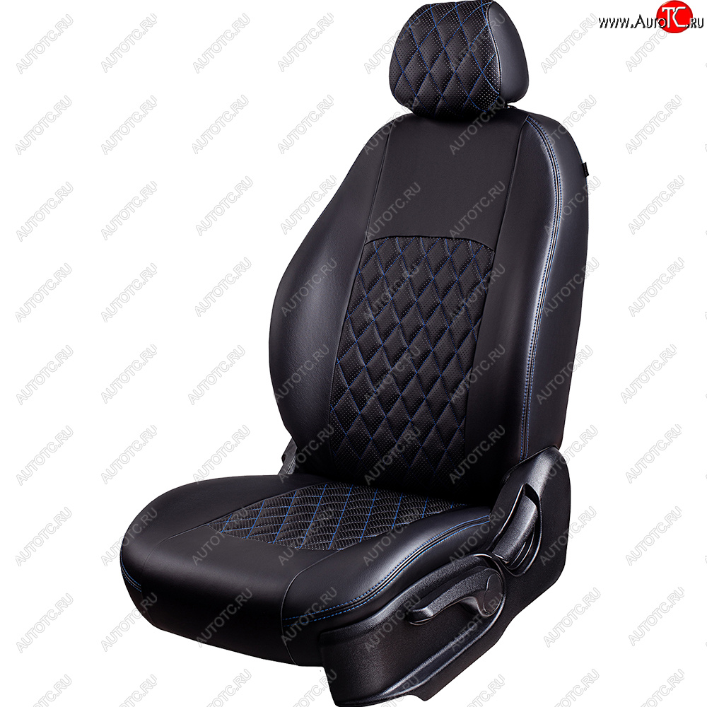 9 449 р. Чехлы для сидений Lord Autofashion Турин Ромб (экокожа, спинка 60/40, 2 П- и 1 Г-образных подголовника)  Renault Sandero Stepway  (B8) (2014-2022) дорестайлинг, рестайлинг (Черный, вставка черная, строчка синяя)  с доставкой в г. Майкоп