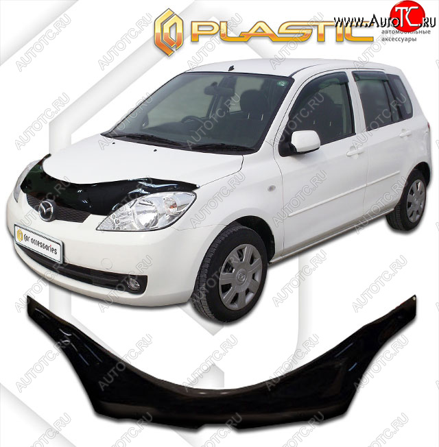 2 599 р. Дефлектор капота (exclusive) CA-Plastic  Mazda Demio  2 DY (2005-2007) рестайлинг (Classic чёрный, Без надписи)  с доставкой в г. Майкоп