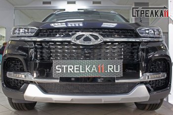 Защитная сетка радиатора в бампер (ячейка 3х7 мм) Стрелка 11 Стандарт Chery Tiggo 8 (T18) рестайлинг (2019-2025) (черная)