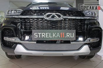 Защитная сетка радиатора в бампер (ячейка 3х7 мм) Стрелка 11 Стандарт Chery Tiggo 8 (T18) рестайлинг (2019-2025) (хром)