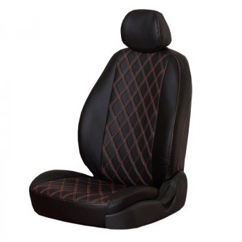 Чехлы сидений (экокожа, 2/3) ПЕТРОВ Орегон Ромб Hyundai Solaris  RBr (2010-2017), KIA Rio  3 QB (2011-2017) (черный/красная нить)