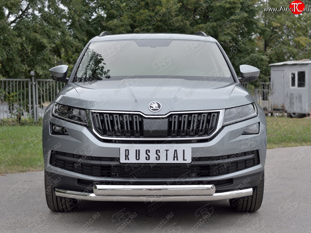 16 249 р. Защита переднего бампера (2 трубы Ø63 и 75х42 мм, нержавейка) Russtal Skoda Kodiaq NU7 дорестайлинг (2017-2021)  с доставкой в г. Майкоп