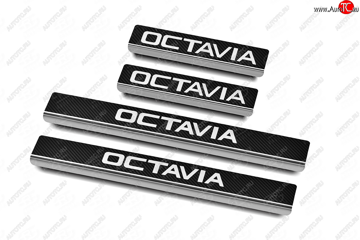 2 359 р. Накладки порожков салона Russtal Skoda Octavia А8 лифтбэк (2019-2022) (нержавейка с карбоновым покрытием и надписью)  с доставкой в г. Майкоп