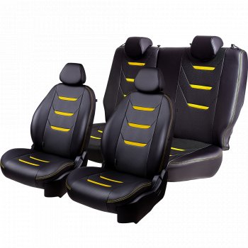 9 199 р. Чехлы для сидений (комплектация Ambition без подлокот-ка) Lord Autofashion Турин 2 (экокожа)  Skoda Octavia  A7 (2012-2020) дорестайлинг лифтбэк, дорестайлинг универсал, рестайлинг лифтбэк, рестайлинг универсал (Чёрный/Чёрный/Жёлтый/Жёлтый)  с доставкой в г. Майкоп. Увеличить фотографию 2