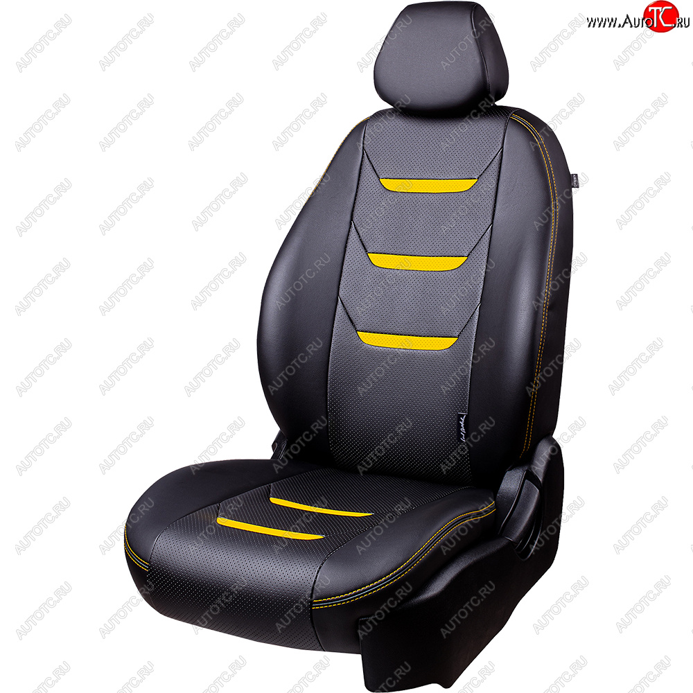 9 199 р. Чехлы для сидений (комплектация Ambition без подлокот-ка) Lord Autofashion Турин 2 (экокожа)  Skoda Octavia  A7 (2012-2020) дорестайлинг лифтбэк, дорестайлинг универсал, рестайлинг лифтбэк, рестайлинг универсал (Чёрный/Чёрный/Жёлтый/Жёлтый)  с доставкой в г. Майкоп