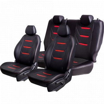 11 899 р. Чехлы для сидений (комплектация Ambition без подлокот-ка) Lord Autofashion Турин 2 (экокожа)  Skoda Octavia  A7 (2012-2020) дорестайлинг лифтбэк, дорестайлинг универсал, рестайлинг лифтбэк, рестайлинг универсал (Чёрный/Чёрный/Красный/Красный)  с доставкой в г. Майкоп. Увеличить фотографию 2
