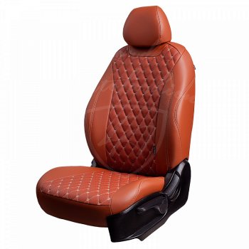 Чехлы для сидений (комплектация Elegance) Lord Autofashion Байрон (экокожа, 60/40, подлокотник, 3 Г-образных подголовника) Skoda Octavia  A7 (2012-2020) дорестайлинг лифтбэк, дорестайлинг универсал, рестайлинг лифтбэк, рестайлинг универсал (Коричневый, вставка коричневая, строчка бежевая)