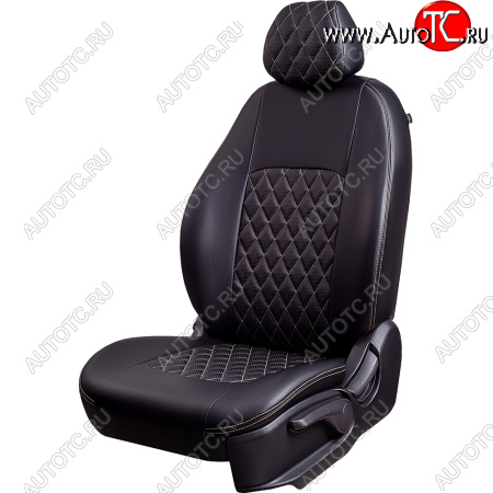 9 449 р. Чехлы для сидений Lord Autofashion Турин Ромб (экокожа, спинка 60/40+подлокотник, 3 Г-образных подголовника)  Skoda Rapid ( NH3,  NH1) (2012-2020), Volkswagen Polo  Mk6 (2020-2022) (Черный, вставка черная, строчка бежевая)  с доставкой в г. Майкоп