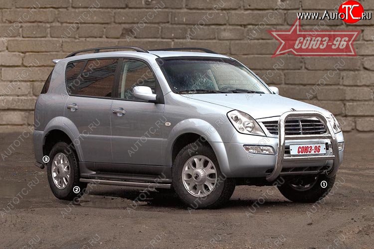 15 749 р. Защита переднего бампера (с кенгурином и подножкой) Souz-96 (d76) SSANGYONG Rexton Y200 (2001-2006)  с доставкой в г. Майкоп