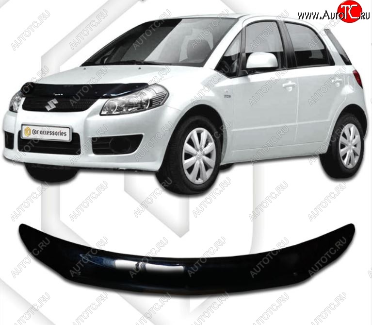 2 079 р. Дефлектор капота (левый руль) CA-Plastic  Suzuki SX4 ( YA21S,YB21S,  GYA,GYB) (2006-2016) дорестайлинг, хэтчбэк,  рестайлинг, хэтчбэк (Classic черный, Без надписи)  с доставкой в г. Майкоп