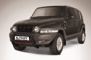 Защита переднего бампера Slitkoff (низкая, d76 мм) ТАГАЗ Tager  5d (2008-2012) (Сталь с полимерным покрытием. Цвет: чёрный)