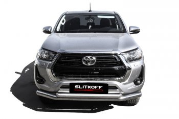 22 699 р. Защита переднего бампера Slitkoff (Ø 76+Ø 57, двойная).  Toyota Hilux  AN120 (2017-2020) 1-ый рестайлинг (Нержавеющая сталь)  с доставкой в г. Майкоп. Увеличить фотографию 2