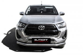 18 999 р. Защита переднего бампера Slitkoff (Ø 76 мм).  Toyota Hilux  AN120 (2017-2020) 1-ый рестайлинг (Нержавеющая сталь)  с доставкой в г. Майкоп. Увеличить фотографию 2