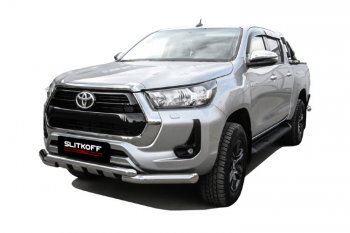 24 649 р. Защита переднего бампера Slitkoff (Ø 76+Ø 57, двойная с профильной ЗК).  Toyota Hilux  AN120 (2017-2020) 1-ый рестайлинг  с доставкой в г. Майкоп. Увеличить фотографию 2
