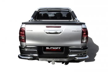 12 999 р. Защита заднего бампера Slitkoff (Ø 76 мм, уголки)  Toyota Hilux  AN120 (2017-2020) 1-ый рестайлинг (Нержавеющая сталь)  с доставкой в г. Майкоп. Увеличить фотографию 2