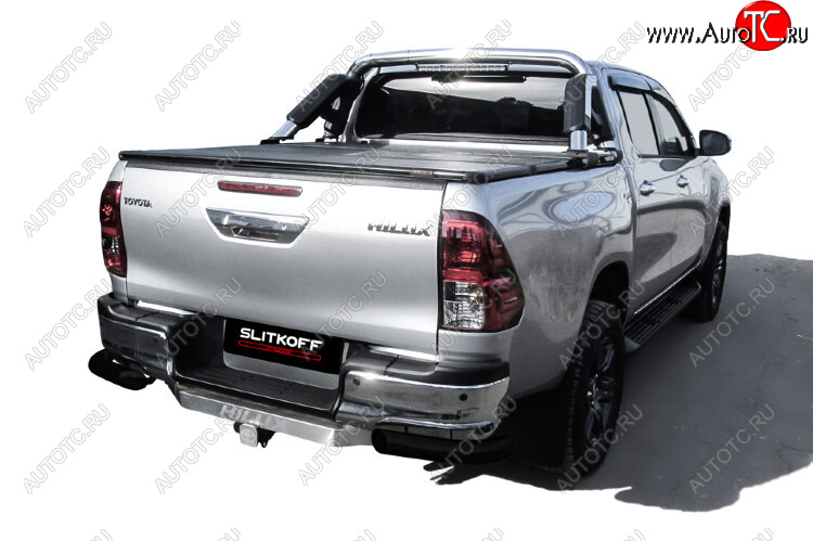 8 999 р. Защита заднего бампера Slitkoff (Ø 76 мм, уголки)  Toyota Hilux  AN120 (2017-2020) 1-ый рестайлинг (Сталь с полимерным покрытием. Цвет: черный)  с доставкой в г. Майкоп