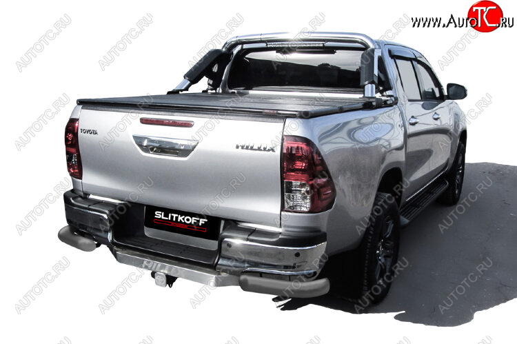 8 999 р. Защита заднего бампера Slitkoff (Ø 76 мм, уголки)  Toyota Hilux  AN120 (2017-2020) 1-ый рестайлинг (Сталь с полимерным покрытием. Цвет: серебристый)  с доставкой в г. Майкоп