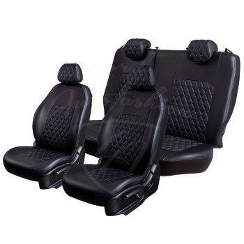 9 449 р. Чехлы для сидений Lord Autofashion Турин Ромб (экокожа) Toyota Avensis T250 седан дорестайлинг (2003-2006) (Черный, вставка черная, строчка синяя)  с доставкой в г. Майкоп. Увеличить фотографию 4