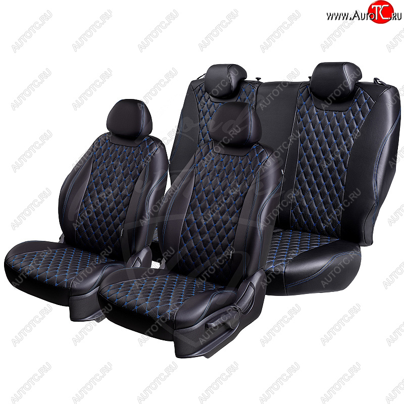 13 949 р. Чехлы для сидений Lord Autofashion Байрон (экокожа, 60/40, подлокотник, отдельные бока, 2 П- и 1 Г-образных подголовника)  Toyota Camry  XV70 (2017-2021) дорестайлинг (Черный, вставка черная, строчка синяя)  с доставкой в г. Майкоп