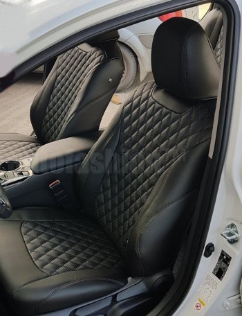 19 649 р. Чехлы для сидений Lord Autofashion Байрон (экокожа) Toyota Camry XV50 дорестайлинг (2011-2014) (Чёрный, вставка чёрная, строчка чёрная)  с доставкой в г. Майкоп. Увеличить фотографию 3