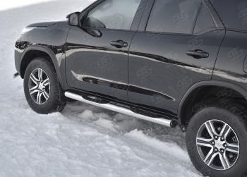 Защита порогов (Ø76 мм, с проступью) SLITKOFF Toyota Fortuner  AN160 (2020-2025) рестайлинг (торцы с пластиковыми заглушками, полированная нержавейка)