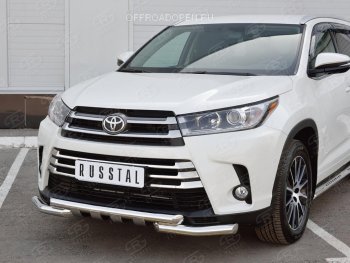 Защита переднего бампера (2 трубы Ø63 мм, нержавейка) SLITKOFF Toyota Highlander  XU50 (2013-2017) дорестайлинг