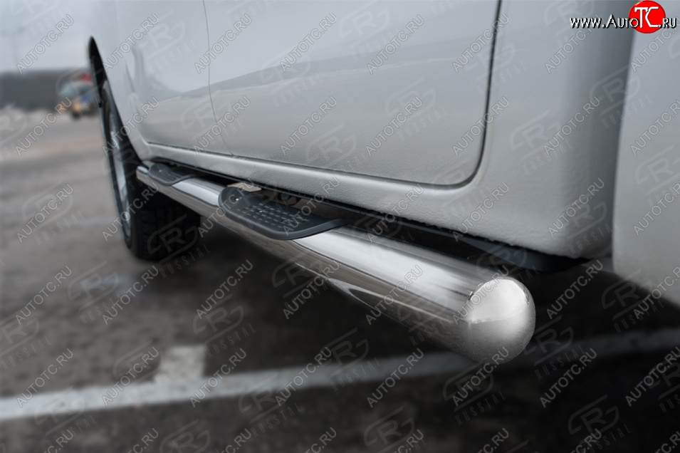 24 549 р. Защита порогов (Ø76 мм с накладками, BLACK ONYX) SLITKOFF  Toyota Hilux  AN120 (2020-2025) 2-ой рестайлинг (срез на торцах круглый 90°, полированная нержавейка)  с доставкой в г. Майкоп