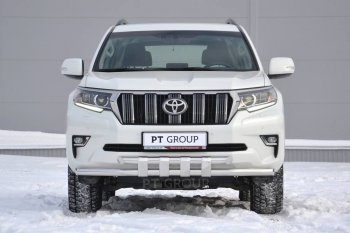 Защита переднего бампера двойная с пластинами из труб d63/63 мм Petroil Tuning Toyota Land Cruiser Prado J150 2-ой рестайлинг (2017-2020) (Нержавеющая полированная сталь)