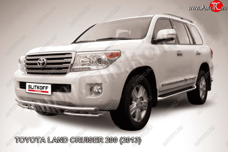 23 999 р. Защита переднего бампера Slitkoff (Ø57 и 57 мм, с защитой картера)  Toyota Land Cruiser  200 (2012-2015) 1-ый рестайлинг (Нержавейка)  с доставкой в г. Майкоп