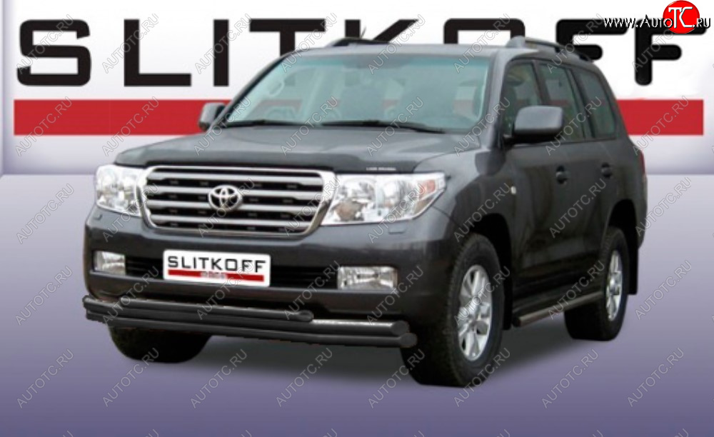 15 899 р. Защита переднего бампера Slitkoff (Ø 57+Ø 57+Ø 42, тройная).  Toyota Land Cruiser  200 (2007-2012) дорестайлинг (Сталь с полимерным покрытием. Цвет: черный)  с доставкой в г. Майкоп